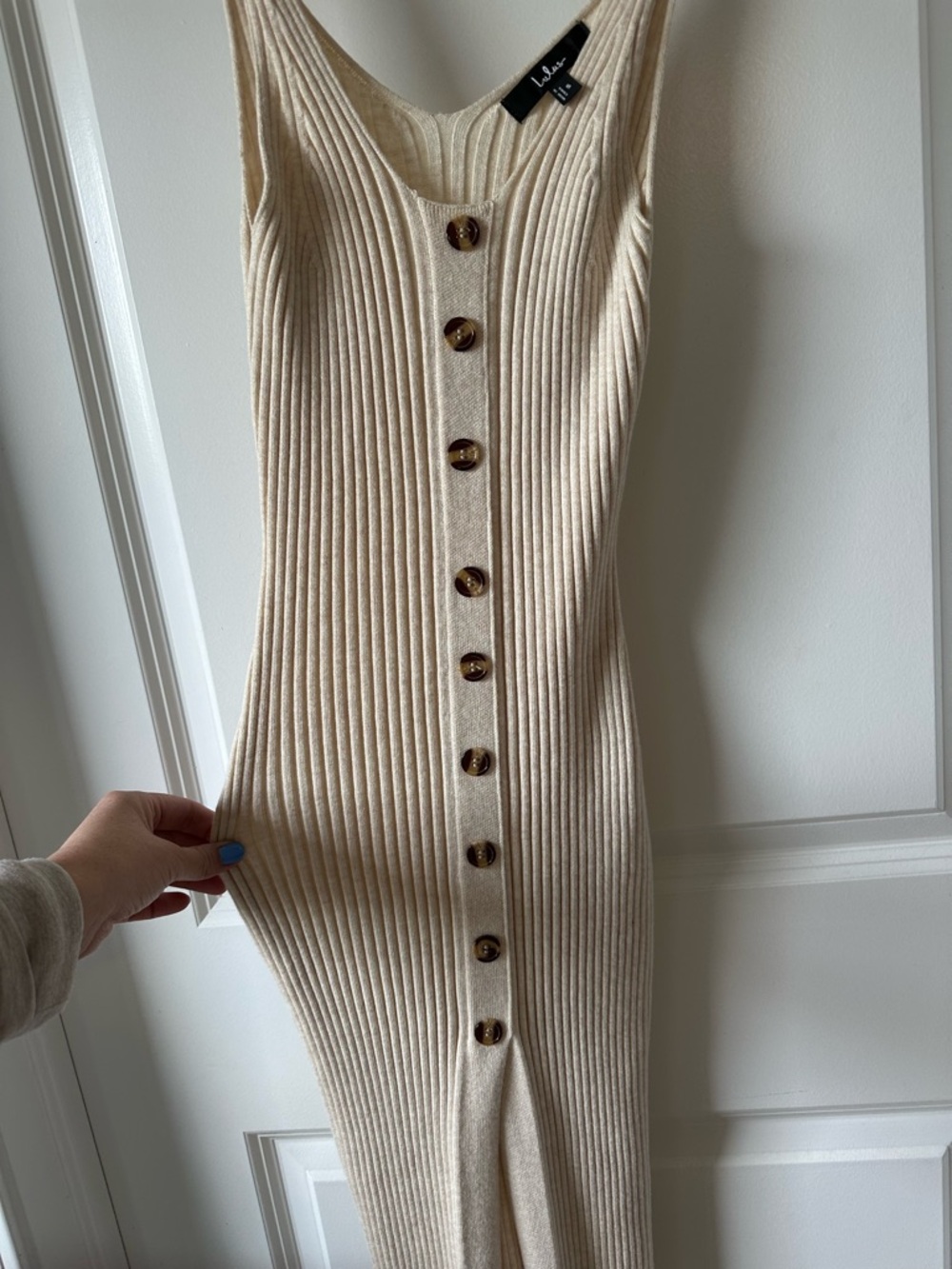 Lulu's Cream Ribbed Button-Front Maxi Dress - Picture 3 of 5